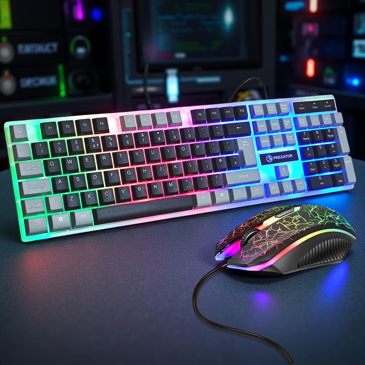 LED Gaming Keyboard And Mouse Set Rainbow RGB USB Wired UK PC PS4 PS5 XBOX ONE