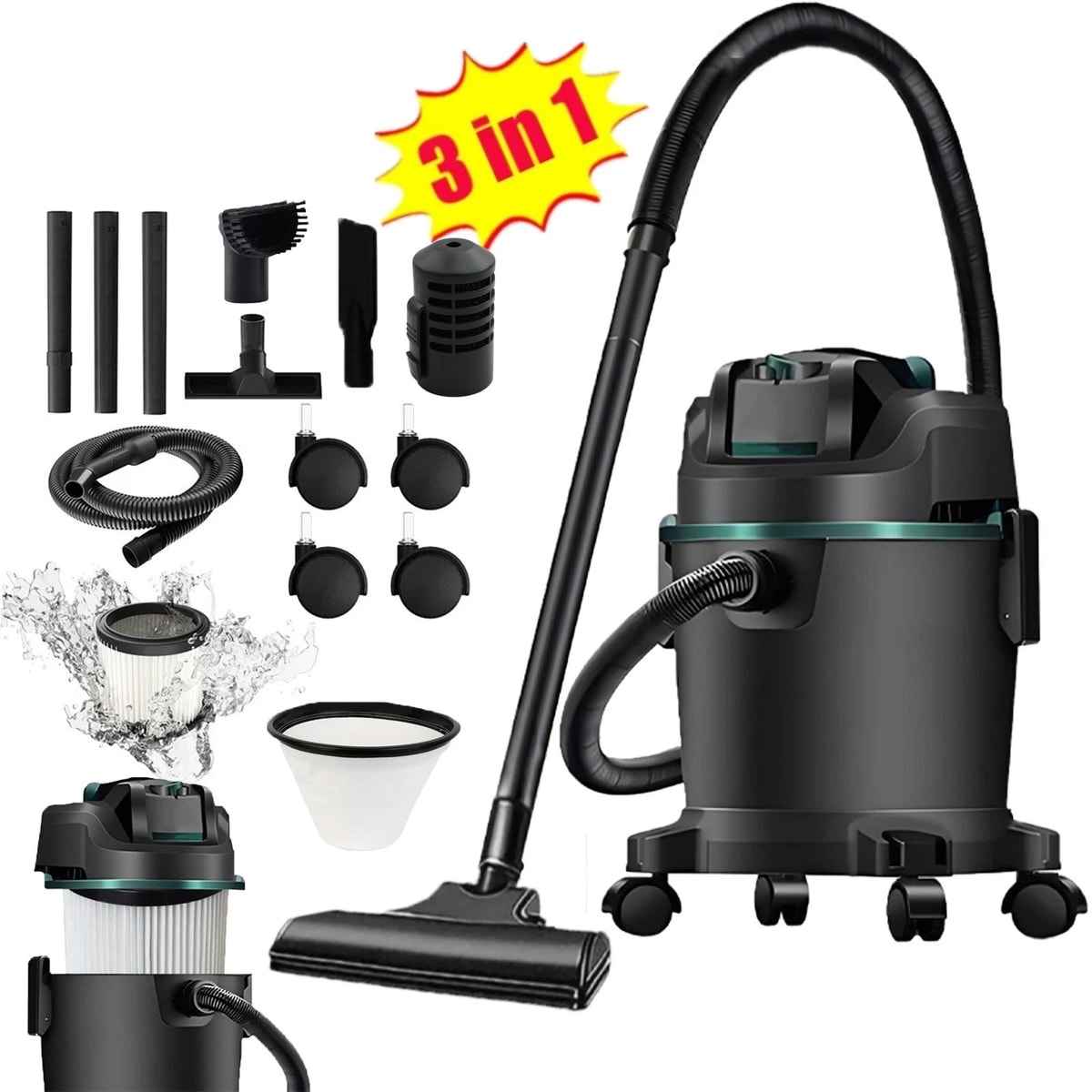 Heavy Duty 5000W Wet & Dry 3-in-1 Vacuum Cleaner Bagless Industrial Water 15 L