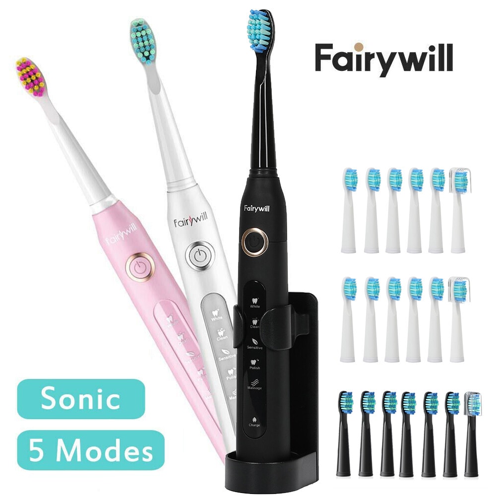 Fairywill Sonic Electric Toothbrush FW507 Rechargeable Timer Black White Pink