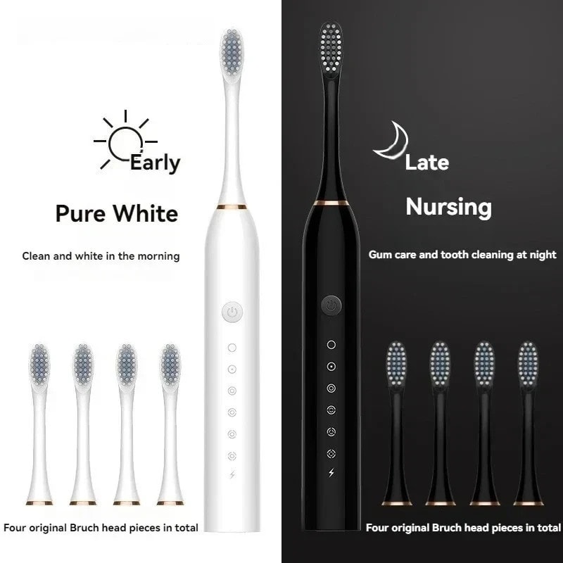 Sonic Electric Toothbrush Rechargeable 4 Brush Heads 5 Modes USB-C Timer Black