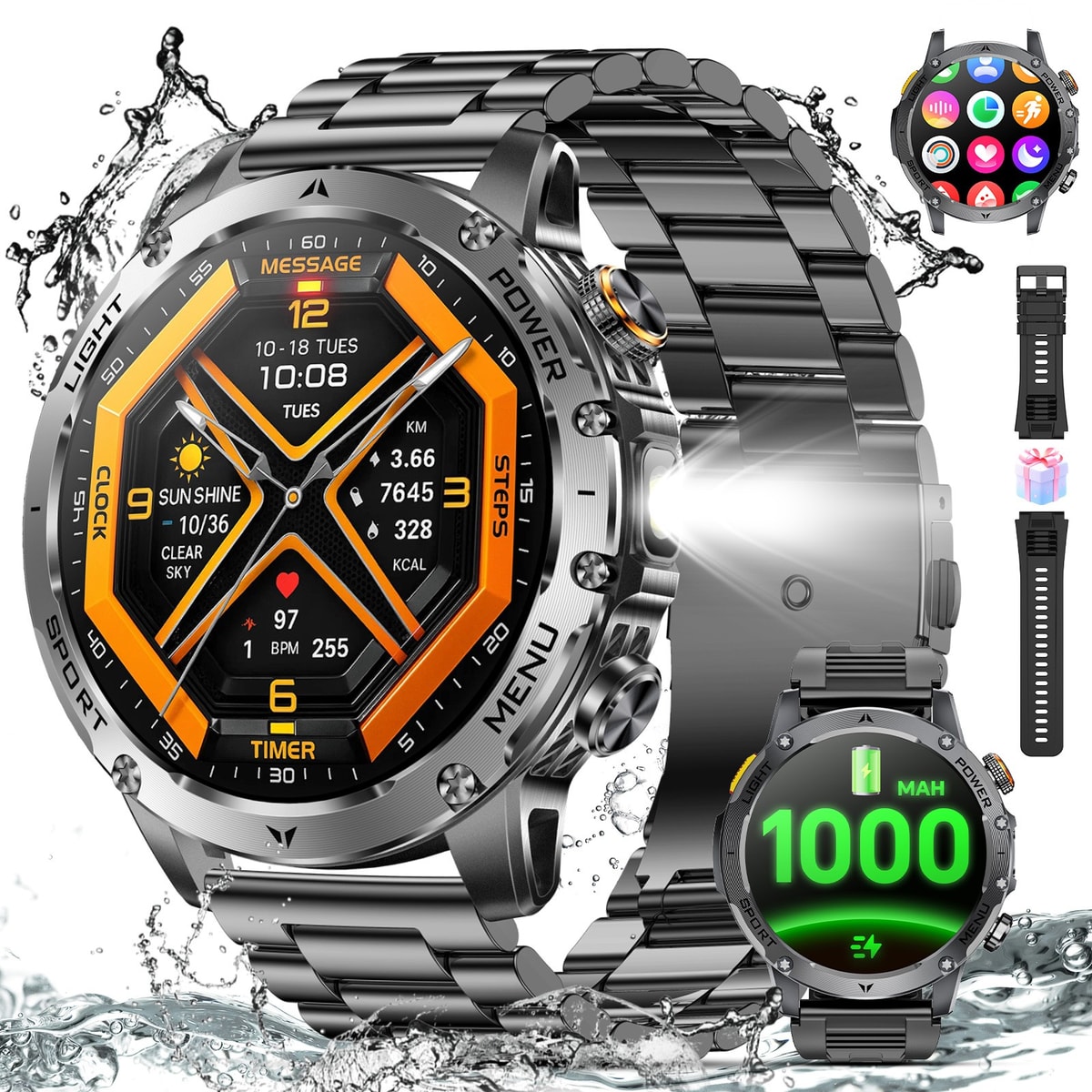 Military Smart Watch for Men,Bluetooth Call,1.85"HD,1000mAh,2 Straps,iOS Android
