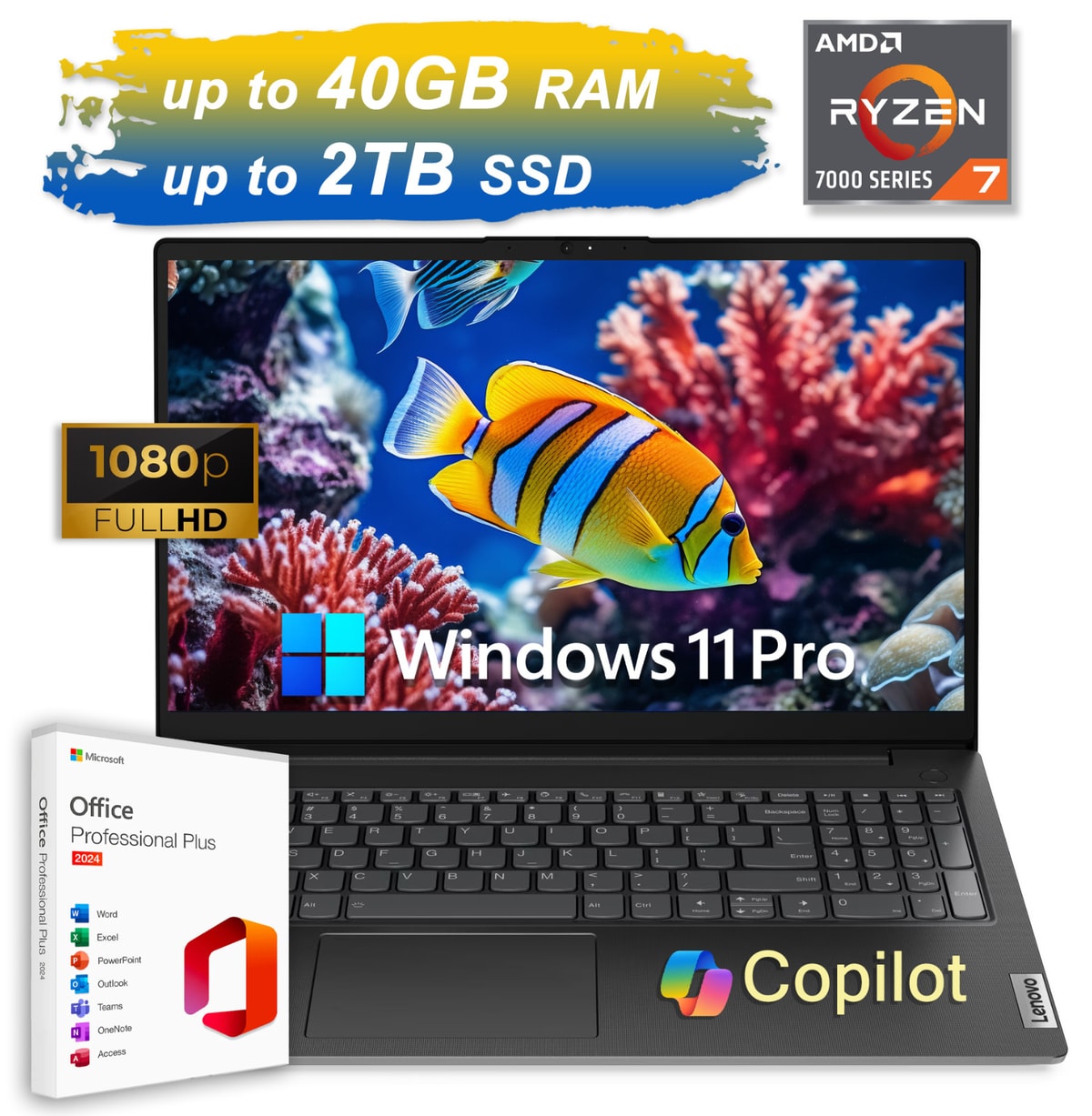 2026 Lenovo Business Laptop 15.6 8-Core Ryzen 7 Upto 40GB RAM 2TB SSD Office Pro
