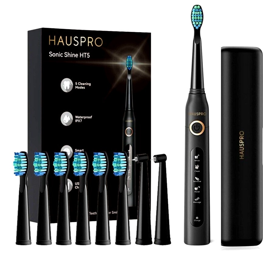 HAUSPRO Electric Toothbrush Sonic Black 8 Heads 5 Modes Travel Case USB NEW UK