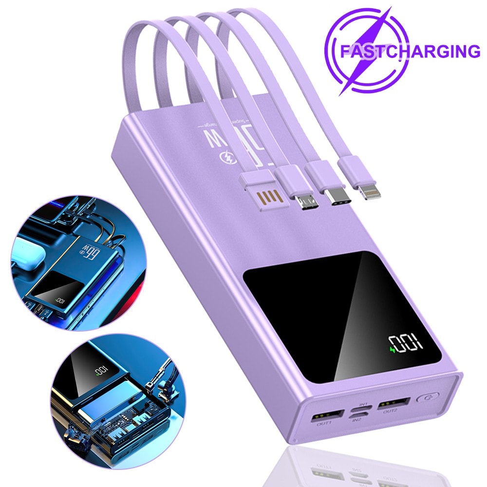 20000mAh Power Bank 66W Fast Charging Charger Battery Built in Cables for Phone
