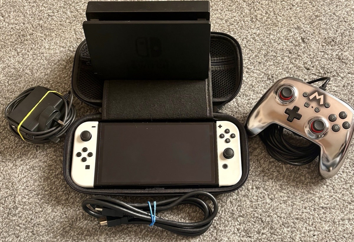 Nintendo Switch OLED Console White Bundle with Charger, Dock, Controller, Case