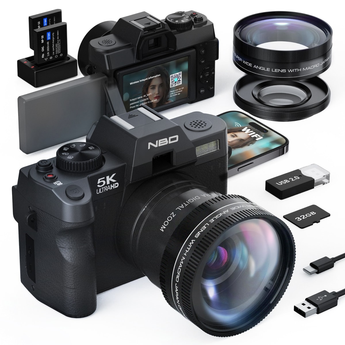 Digital Cameras 5K 48MP 16X Autofocus Compact Camera for Youtube W/32GB TF WiFi