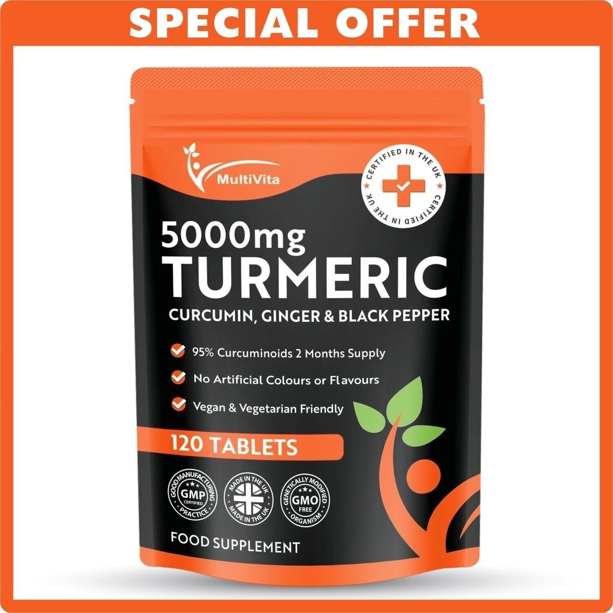 TURMERIC 5000mg 95% Curcumin + Ginger + Black Pepper 120 Tablets - UK Supplement