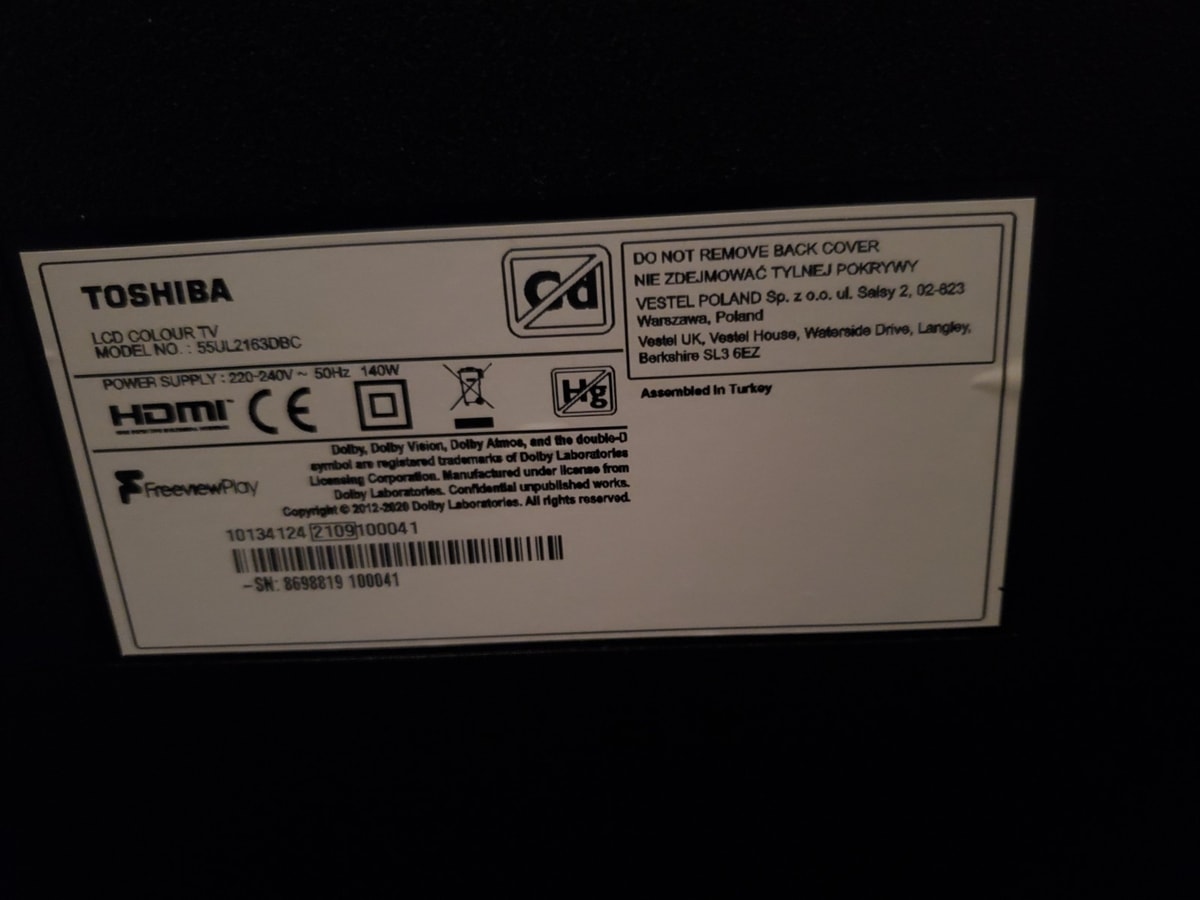 Toshiba 55" 4K Ultra HD Smart TV - HDR, Dolby Vision, Freeview Play 55UL2163DBC.