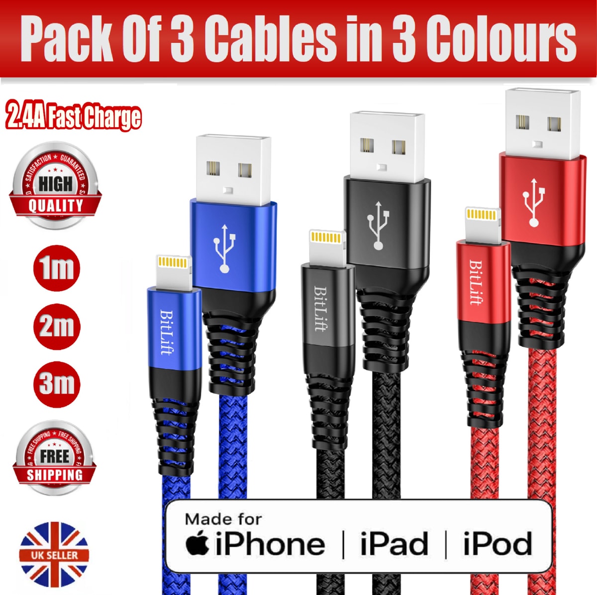 iPhone Charger Cable 3Pack MFI Certified Lightning Fast Charging Cable 1M,2M,3M