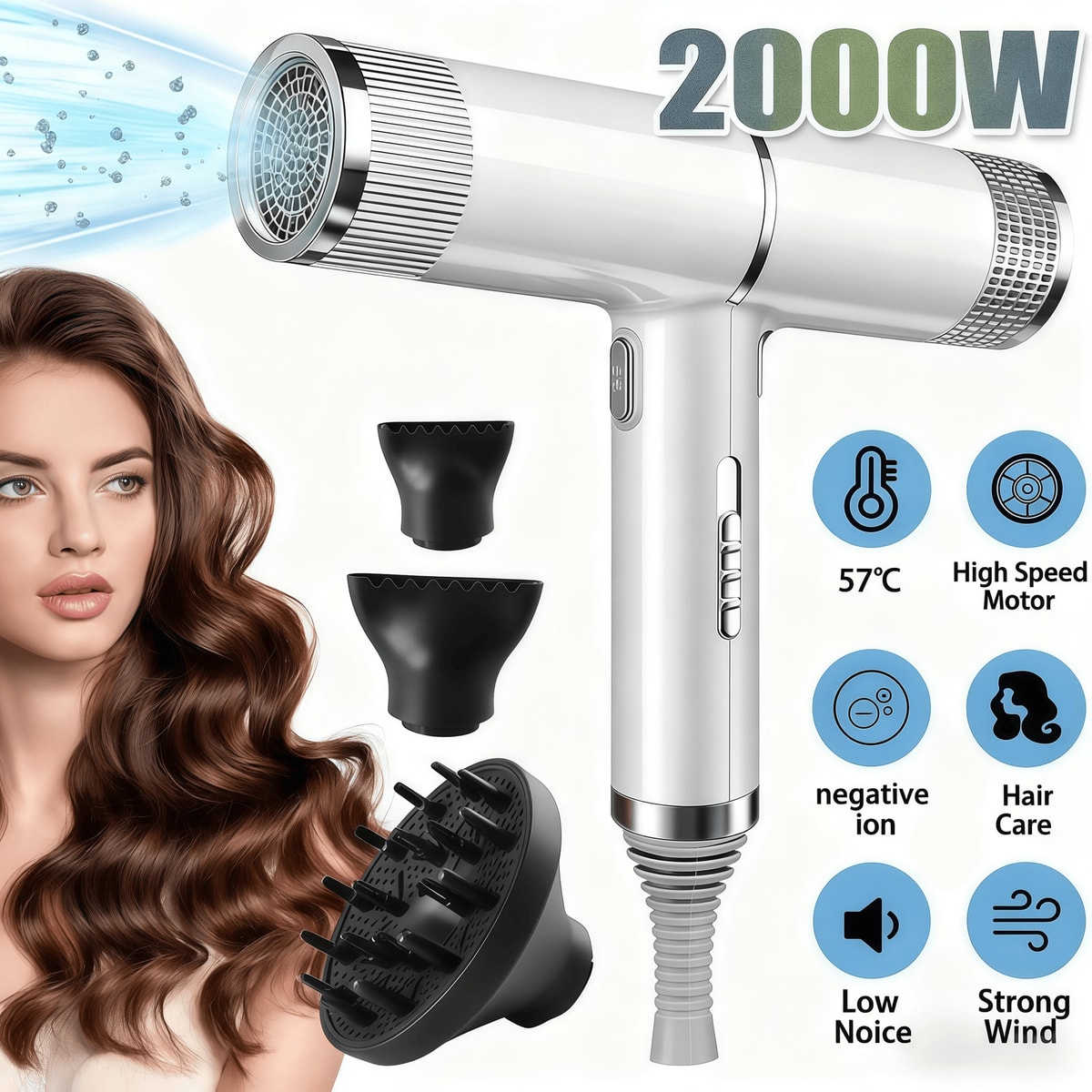 2026 Pro Hair Dryer 2000W Fast Drying Ionic Hairdryer with Diffuser Hairdryer UK
