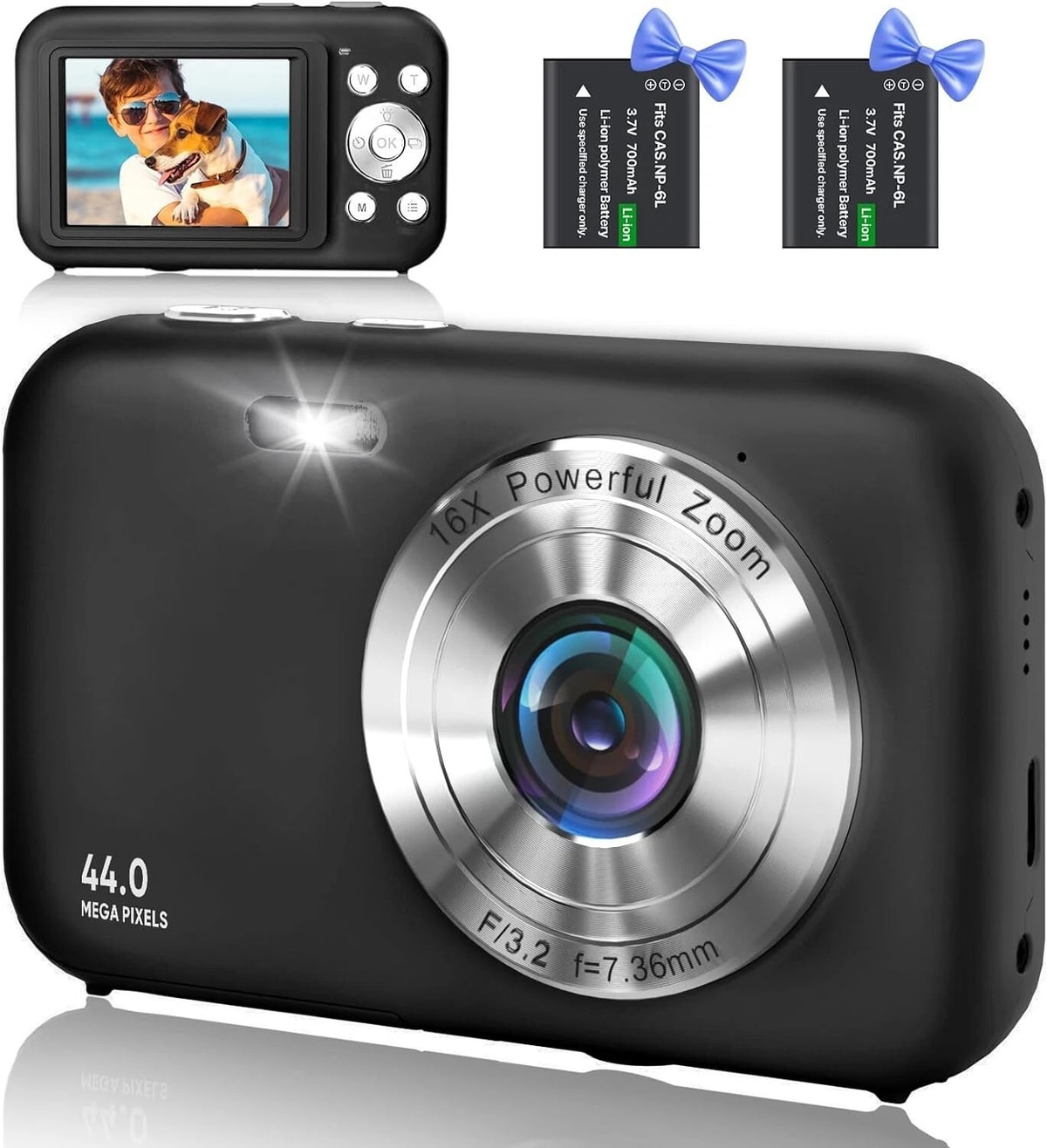 Digital Camera FHD 1080P 44MP Compact Camera 2.5" LCD 16X Zoom with 2x Batteries