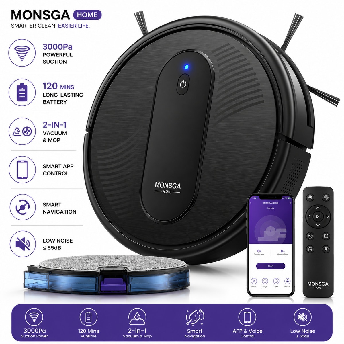 Robot Vacuum Cleaner 3000Pa Smart App Control Mop 120Min Runtime Quiet