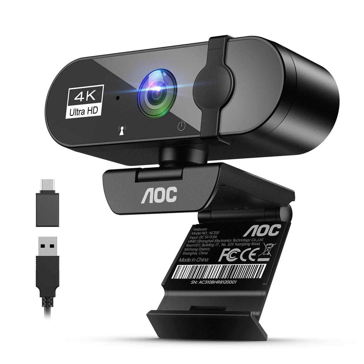 AOC Webcam for PC with Microphone 4k Computer Camera with Noise Cancellation Web