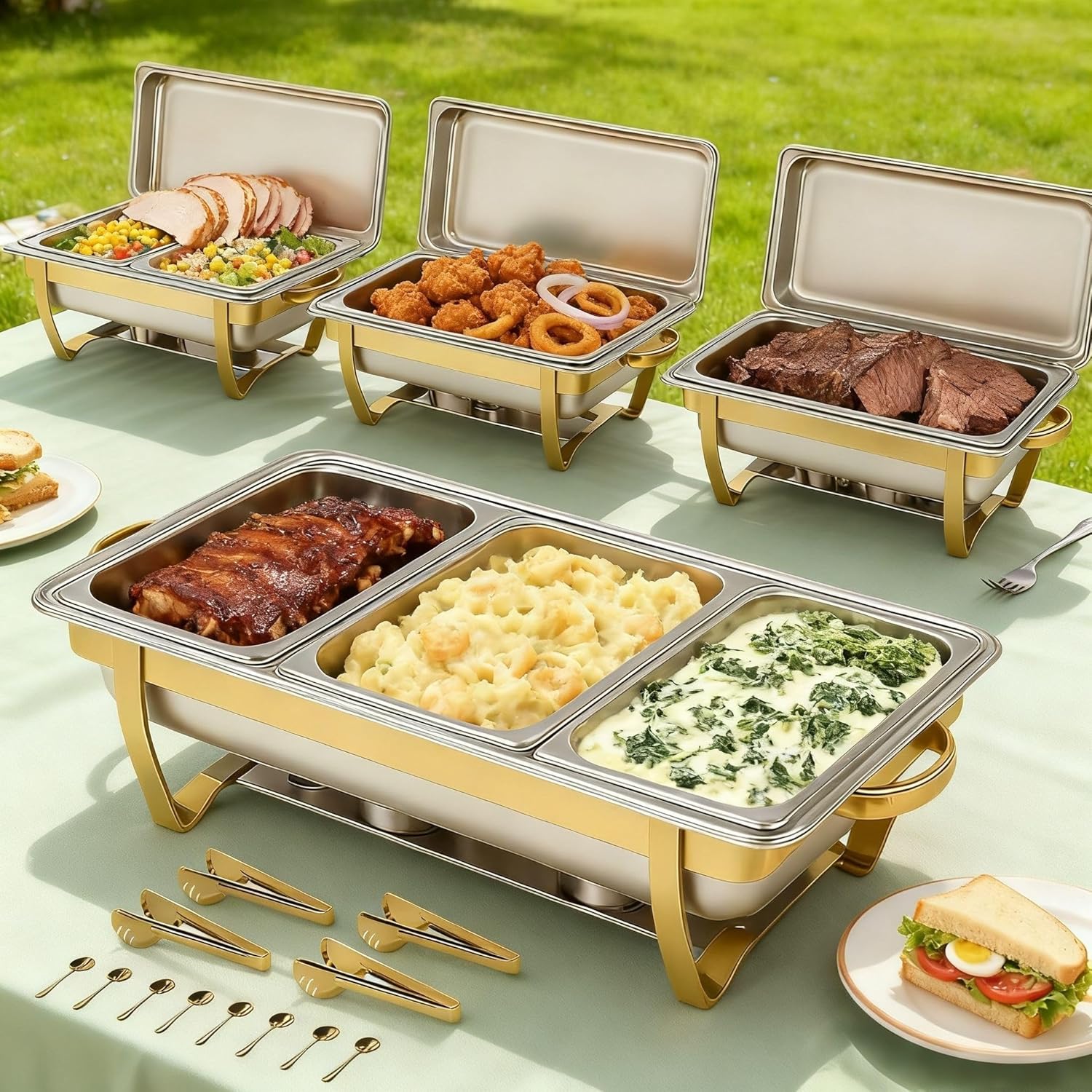 4-pack skavningsskålar i rostfritt stål för buffé, 9 QT kapacitet matvärmare för fester, bröllop, evenemang som värdering, familjesammankomster, komplett set cateringserver med serveringsredskap