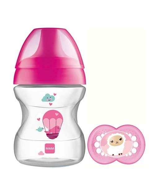 MAM 190 ml nappflaska med napp - lära sig dricka-mugg 6+ månader - Rosa