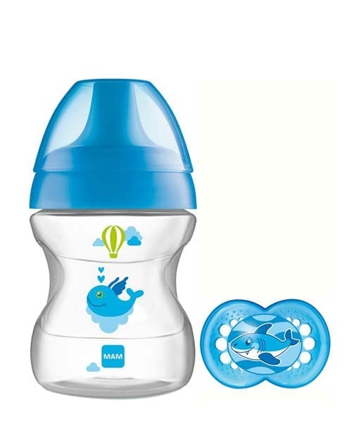 MAM 190 ml nappflaska med napp - lära sig dricka-mugg 6+ månader - Blå