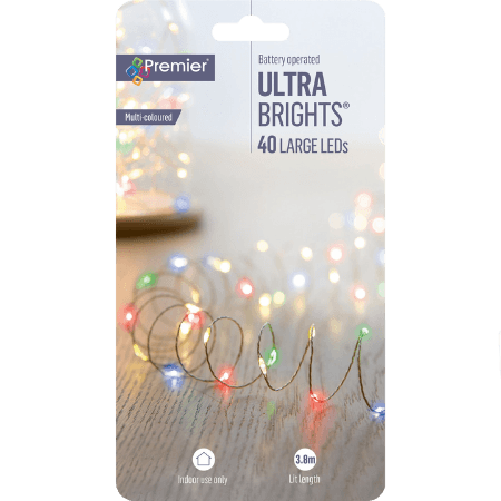 Premier 40 LED batteridriven flerfärgad ljuskedja - 3 9 meter