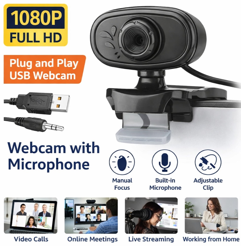 1080P USB Webcam with Microphone Plug & Play HD Camera for PC Laptop Video Calls