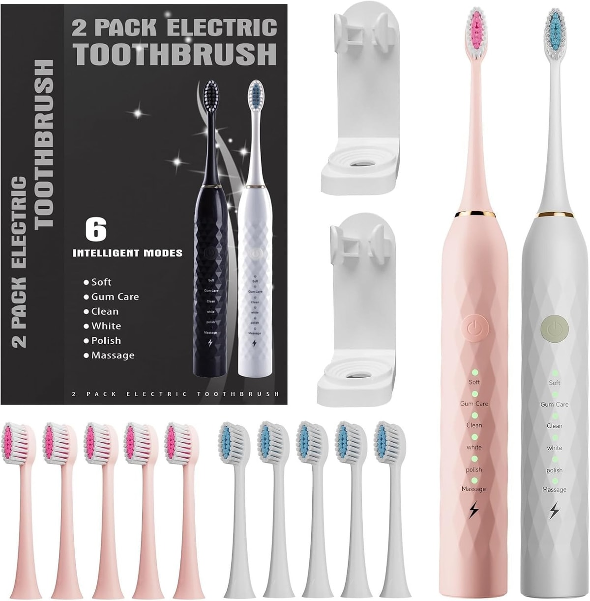 Electric sonic Toothbrush 2-pack Rechargeable with 12 Heads & Holders Pink/White