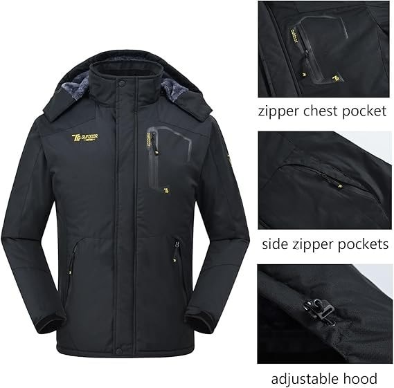 Mens Waterproof Ski Winter Jacket Outdoor Warm Windproof Fleece Coats with Hood
