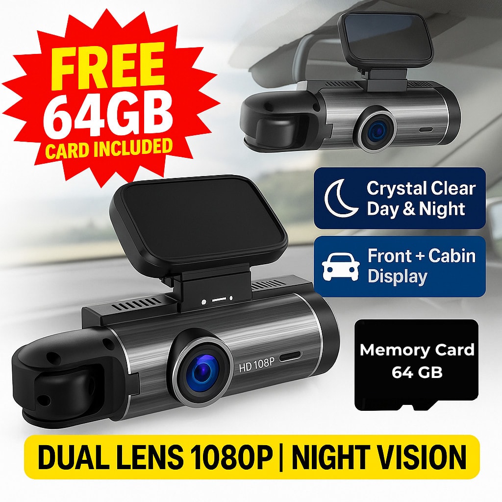 🚗 1080P Car Dash Cam Recorder |Dual Front+Cabin | Night Vision | FREE 64GB Card