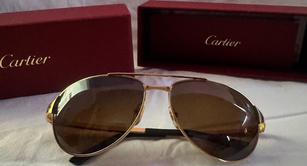 Cartier Men’s Pilot Sunglasses Gold Metal Frame Brown Tinted Plastic Lenses