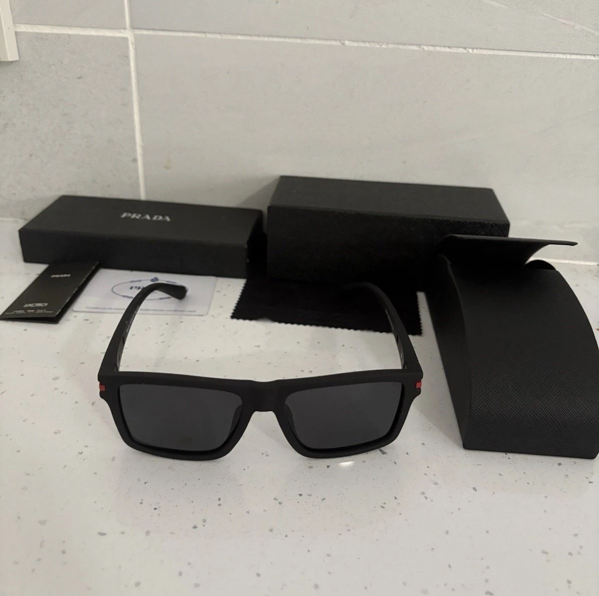 Prada Men’s Black Red Linea Ross Sunglasses With Case Excellent Condition