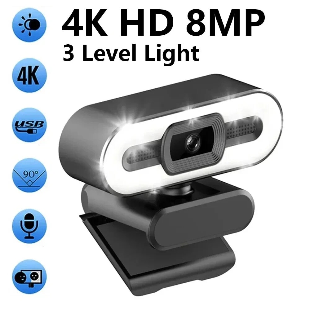Portable Full HD 1080P 2K 4K Webcam PC Laptop Auto Focus Flexible with Mic Light