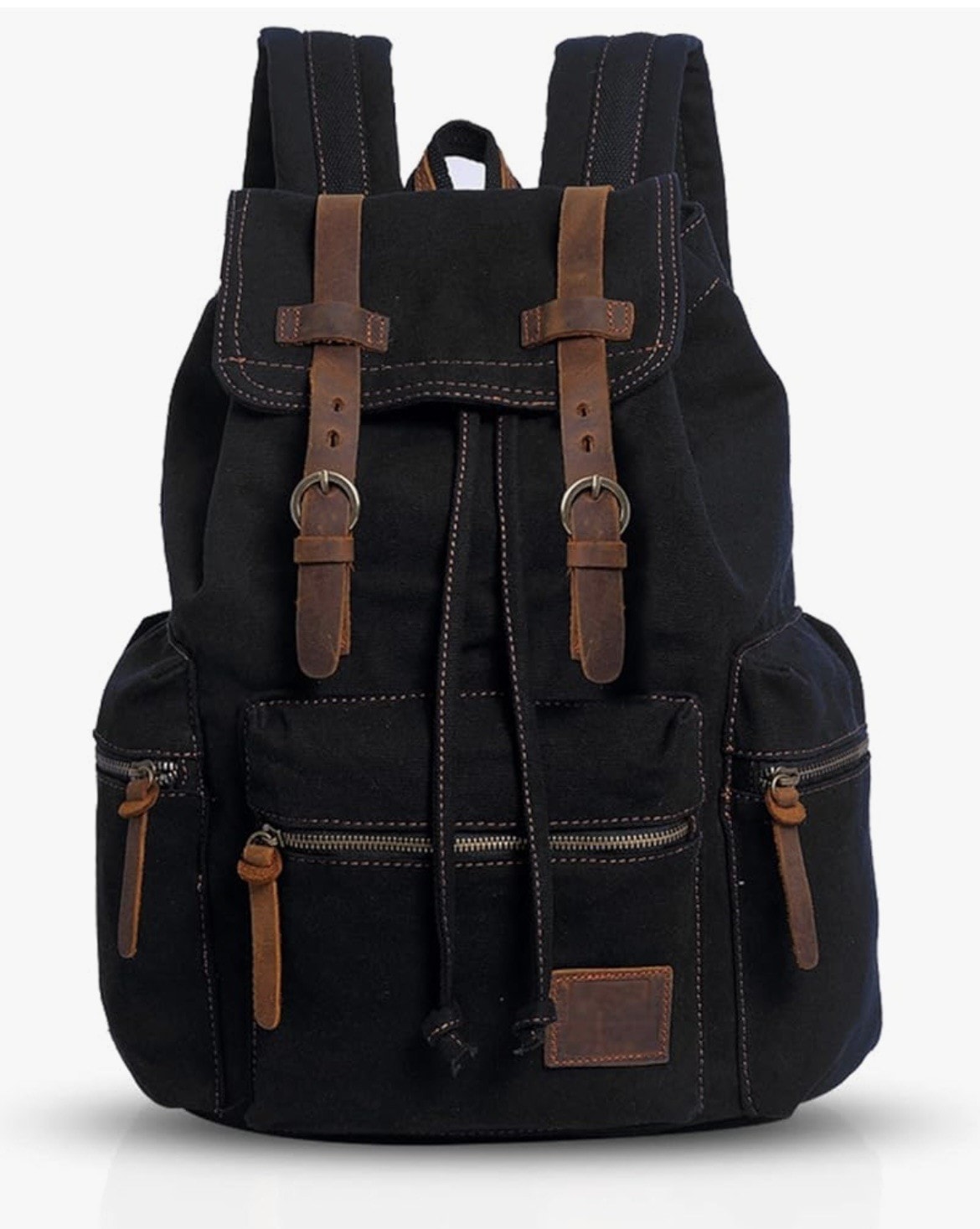 Augur Jans Backpack Black Canvas Leather Drawstring Buckle School Hiking, NEW