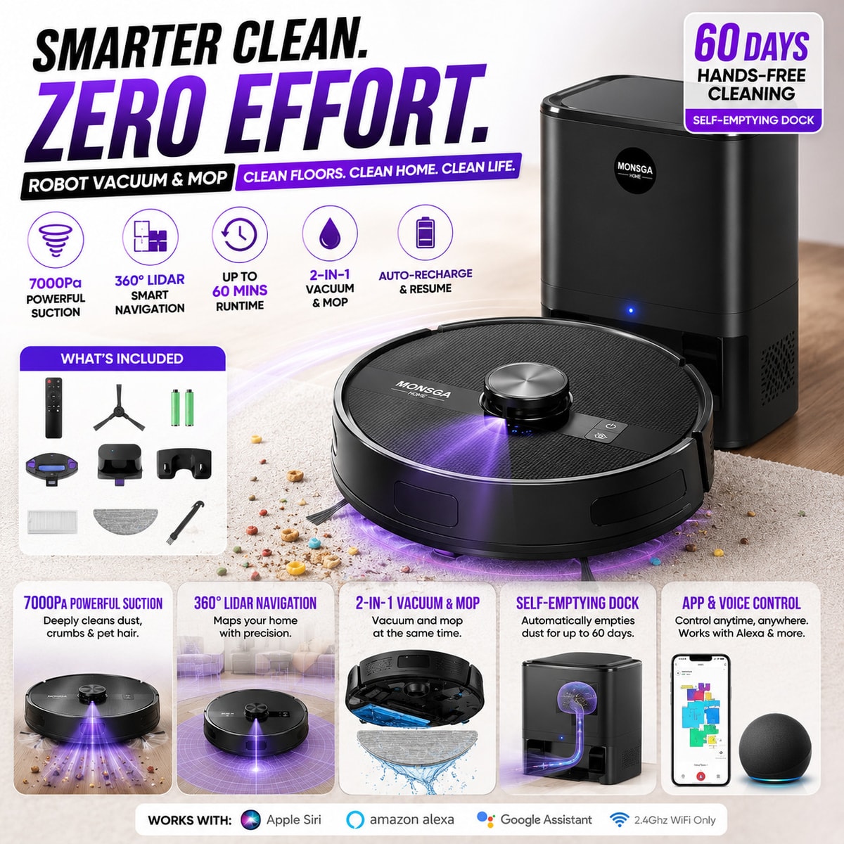 Robot Vacuum Mop 7000Pa LiDAR 180Min 5 Maps App Control Pet Hair MS1 UK