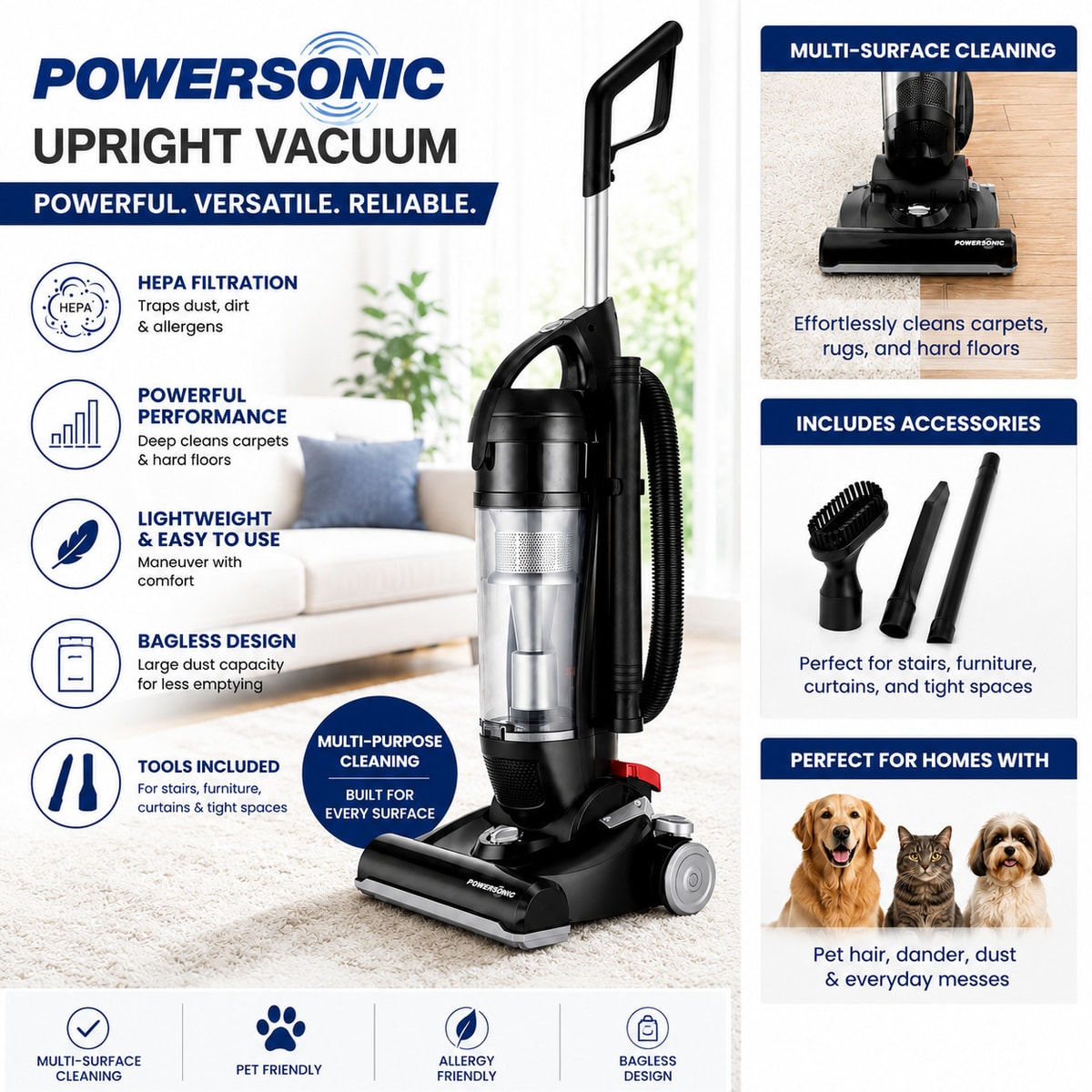 Powersonic Bagless Vacuum Cleaner Powerful Lightweight Upright Black 800w
