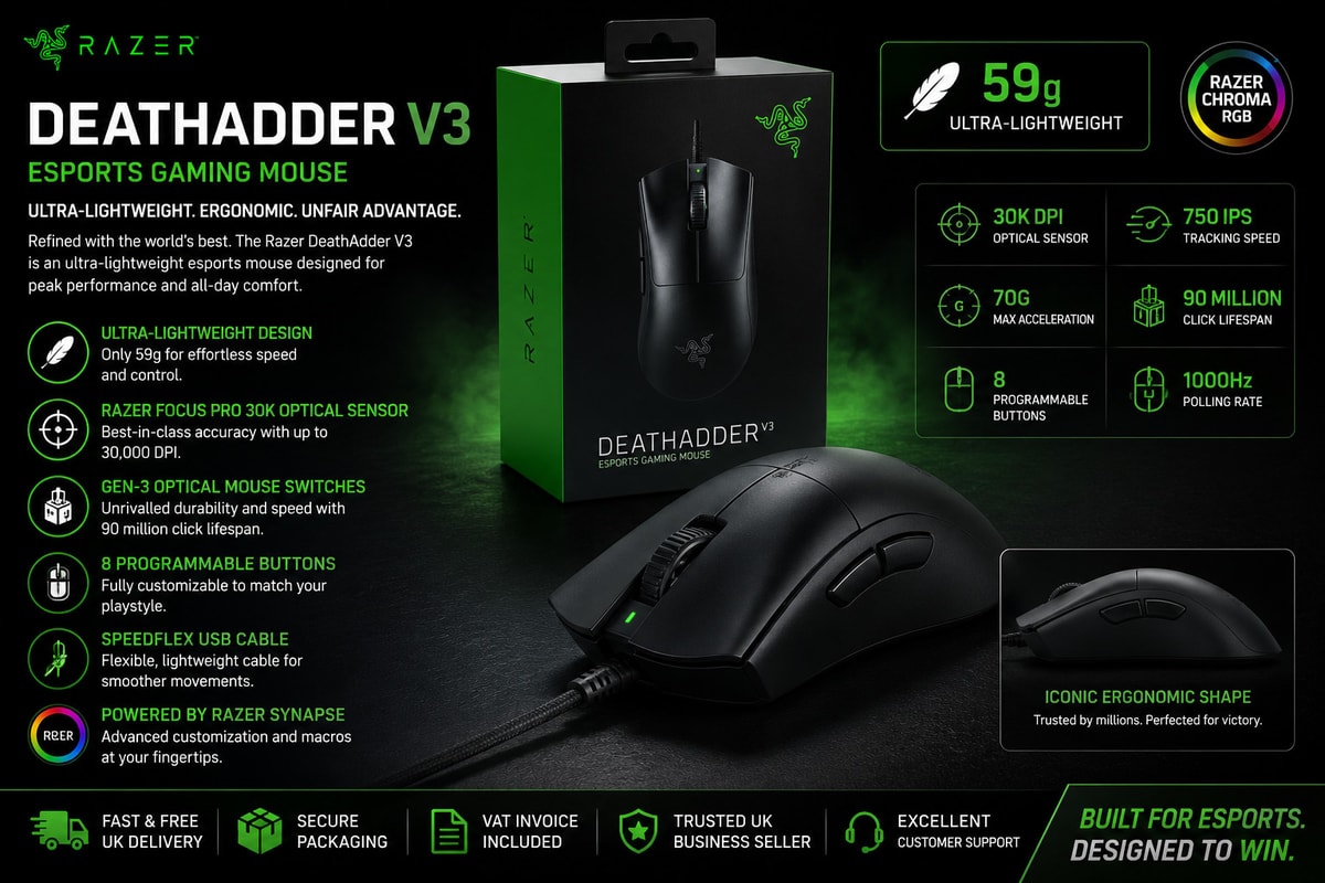 🎮 Razer DeathAdder V3 Esports Gaming Mouse | Ultra Lightweight | Focus Pro 30K