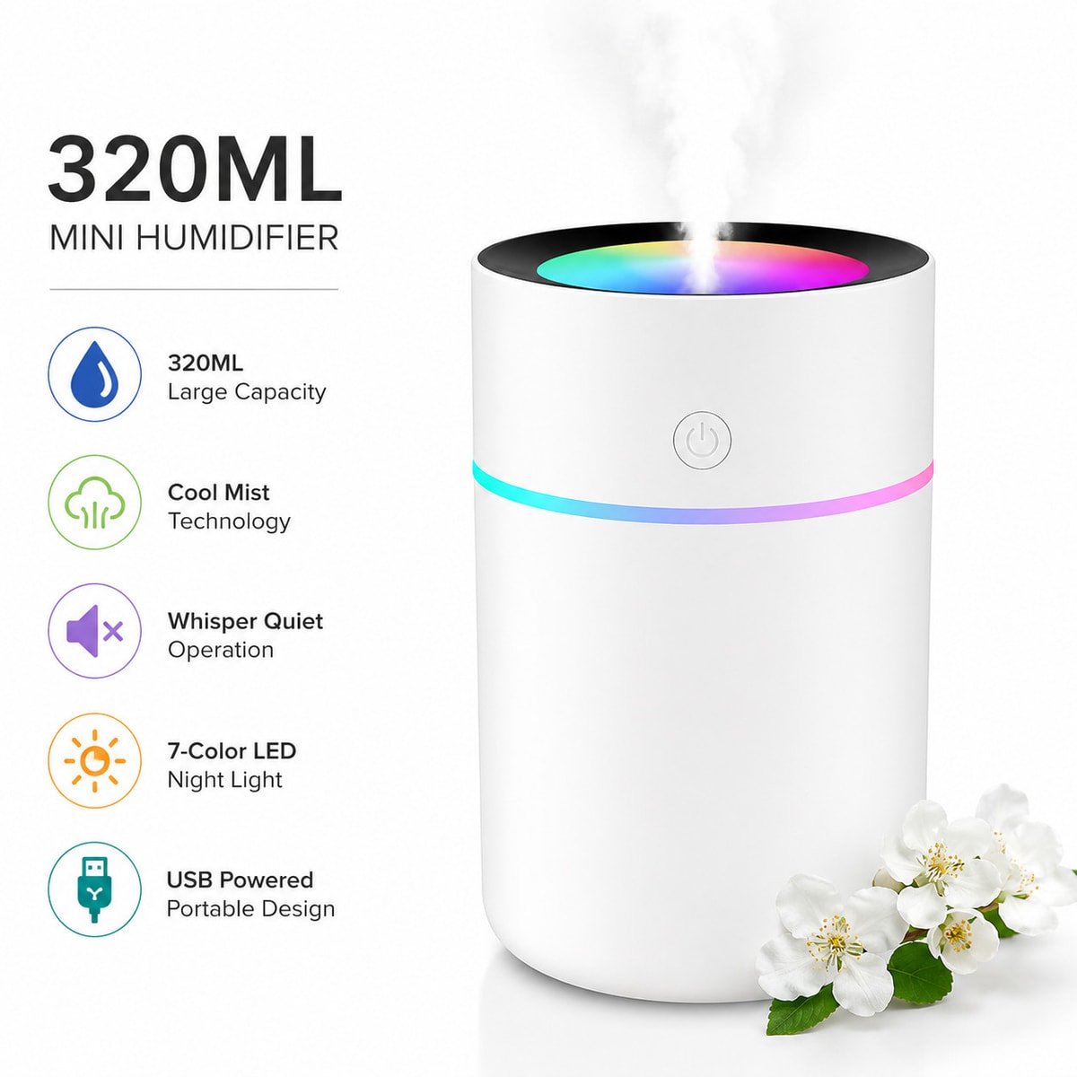 Mini Humidifier Portable Cool Mist Air Diffuser LED Aroma Car Home Office 320ML