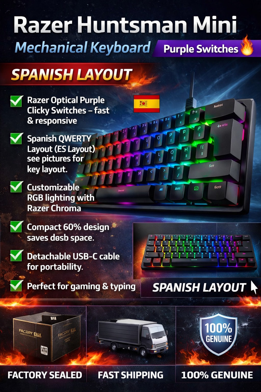 🔥 Razer Huntsman Mini Mechanical Keyboard – Purple Switches (Spanish QWERTY) 🔥