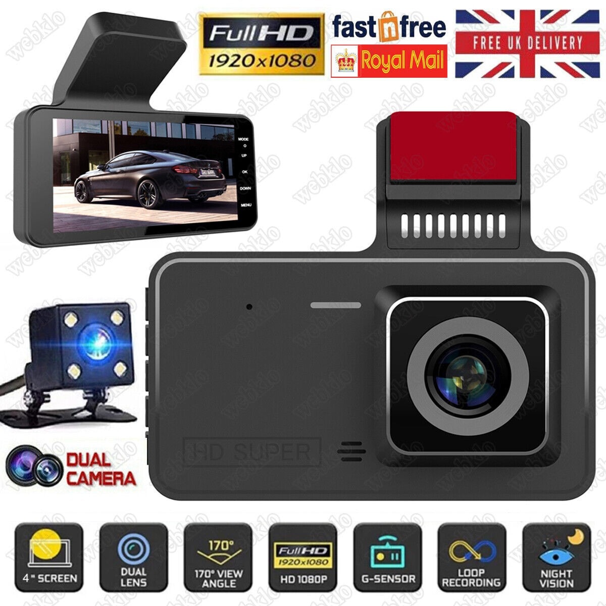 Dual Front Rear HD 1080P Dash Cam 4" In Car DVR Camera Recorder Night Vision