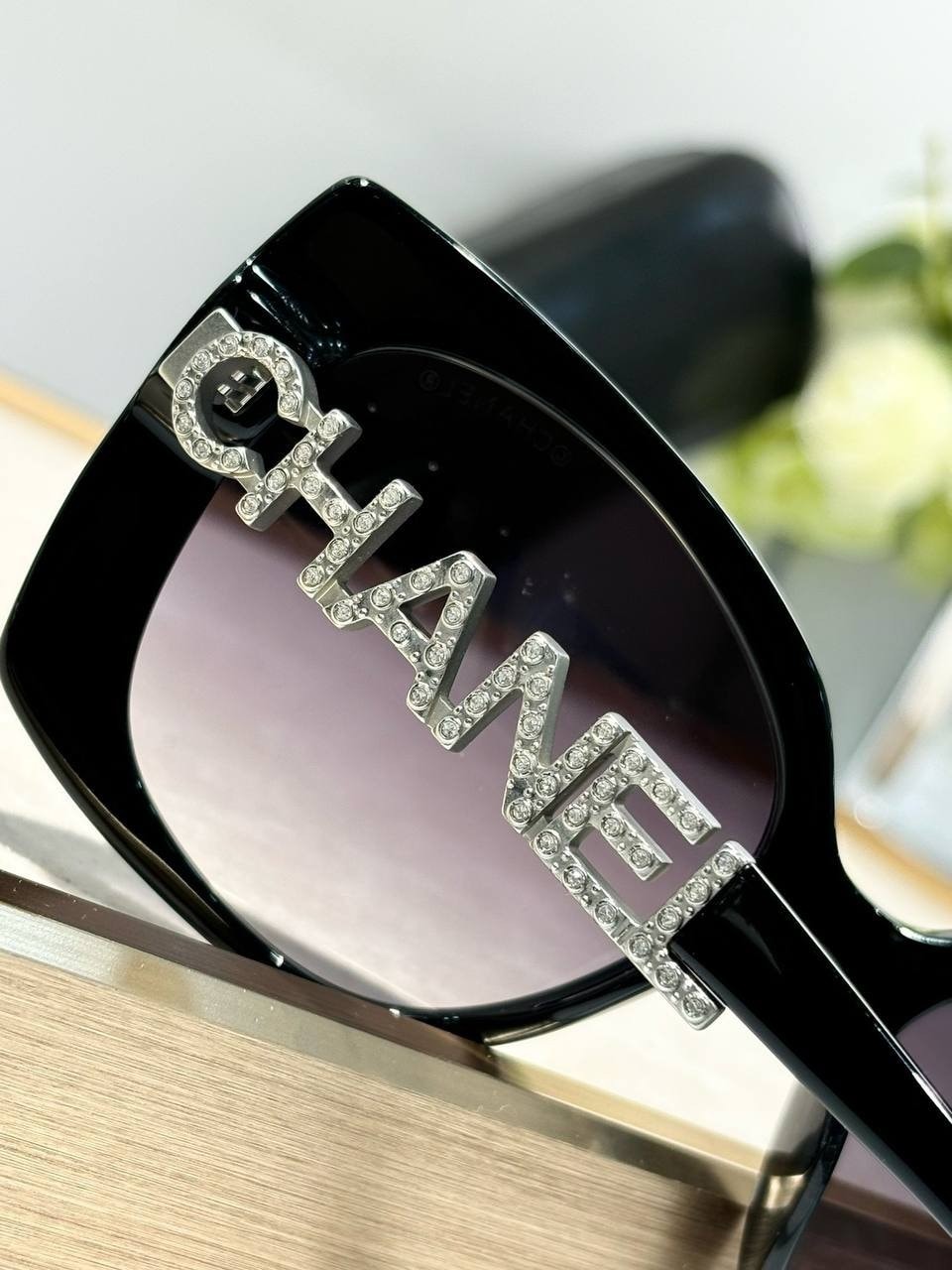 Chanel Black Oversized Square Sunglasses Rhinestone Logo Women’s Luxury Shades