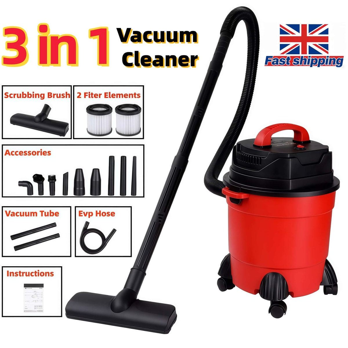 1500W Vacuum Cleaner Wet and Dry Bagless 15L Cylinder Powerful Compact Cleaning