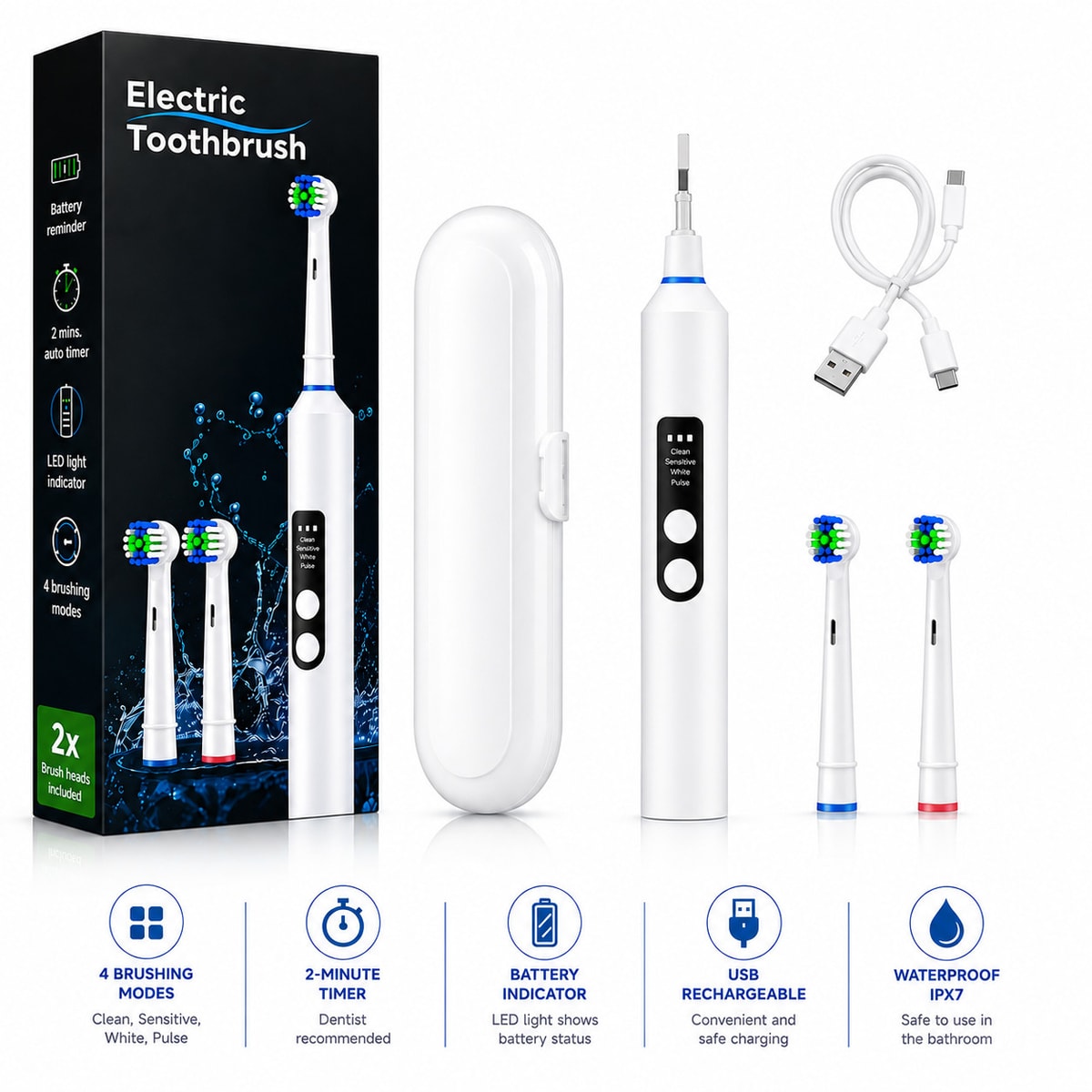 Electric Toothbrush Pressure Sensor 4 Modes 2 Heads Travel Case USB IPX7