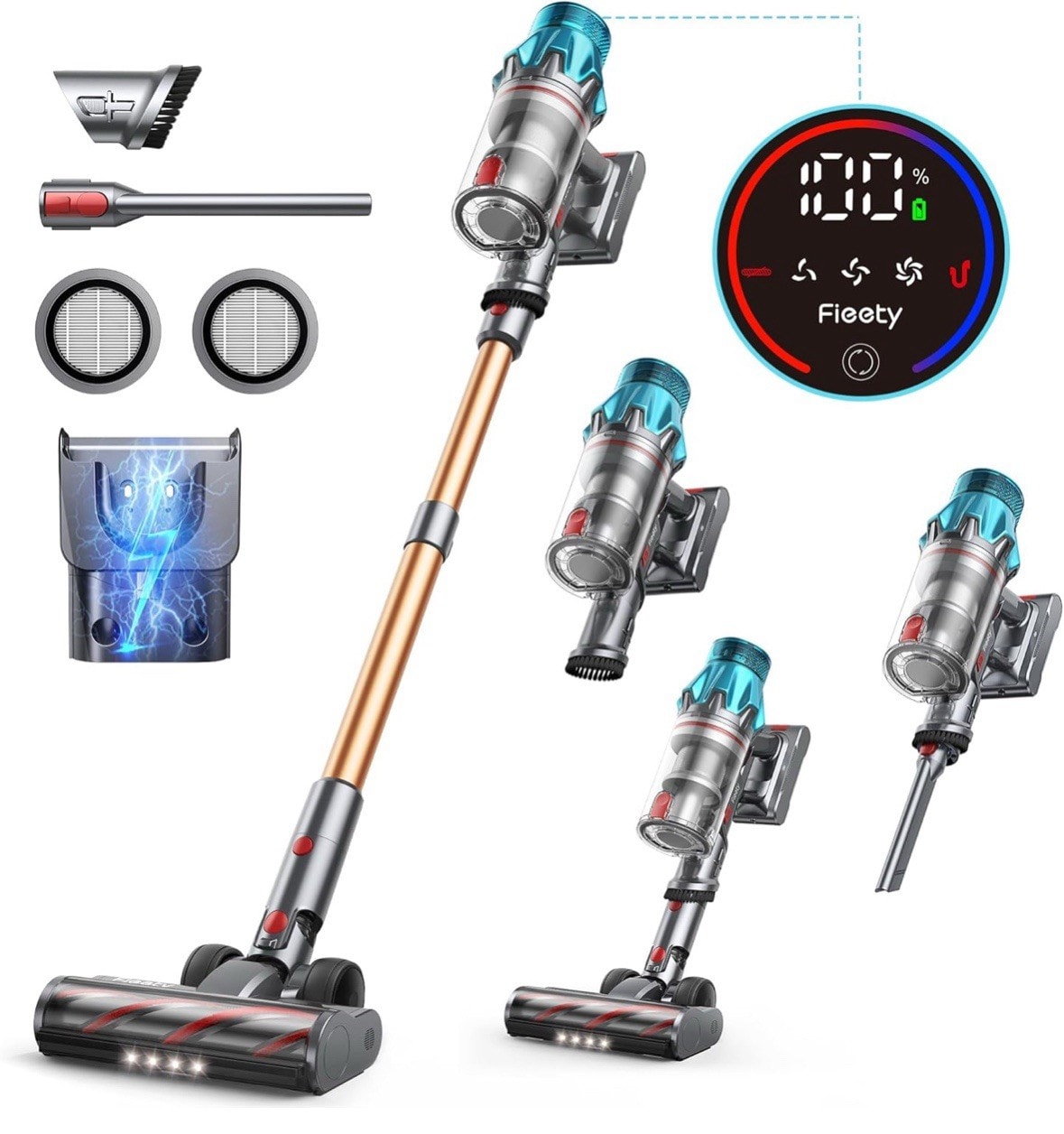 Fieety Cordless Vacuum Cleaner 550W/45Kpa, Stick Vacuum With 60 Min Runtime 6in1