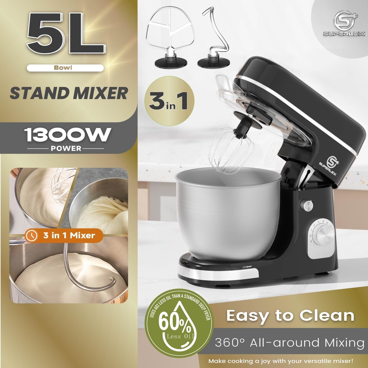 SUPERLEX 5L Stand Mixer 1300W Heavy-Duty Kitchen Mixer Dough Hook, Whisk & Mixer