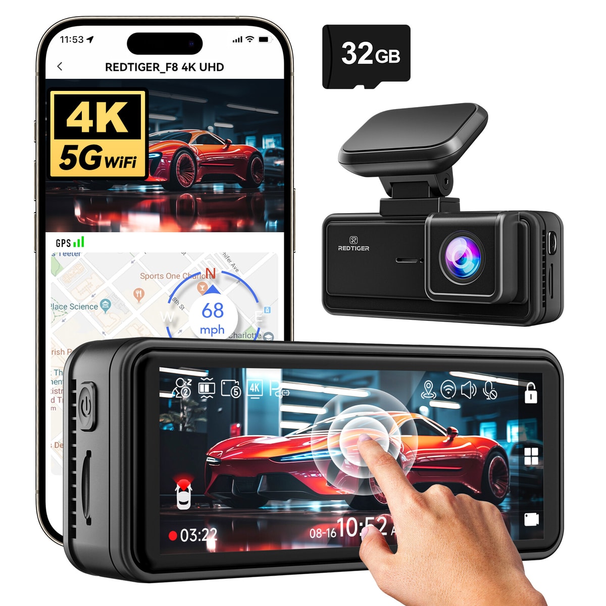 REDTIGER F8 Dash Cam Front 4K,5G Wi-Fi,3.18'' Touch Screen Dash Camera for Cars