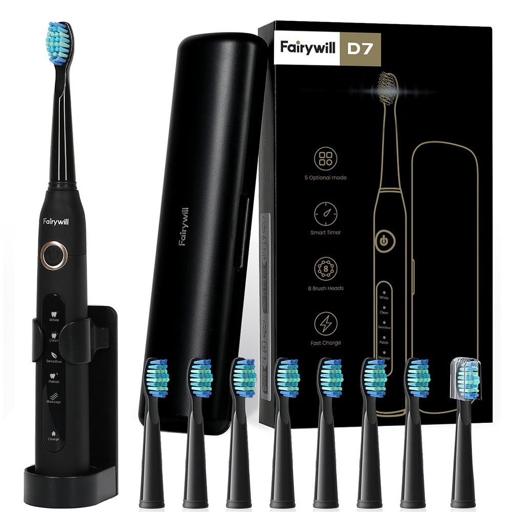 Fairywill Sonic Electric Toothbrush Clean Teeth Rechargeable 5 Modes 8X Heads
