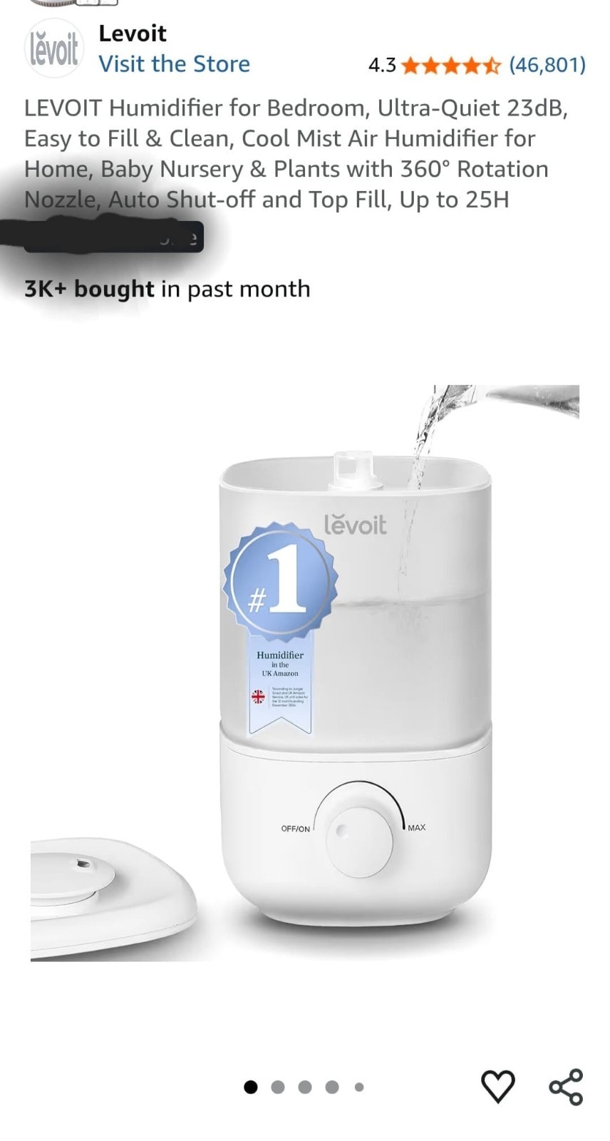 LEVOIT Humidifier for Bedroom Ultra Quiet 23dB Easy to Fill & Clean Cool Mist