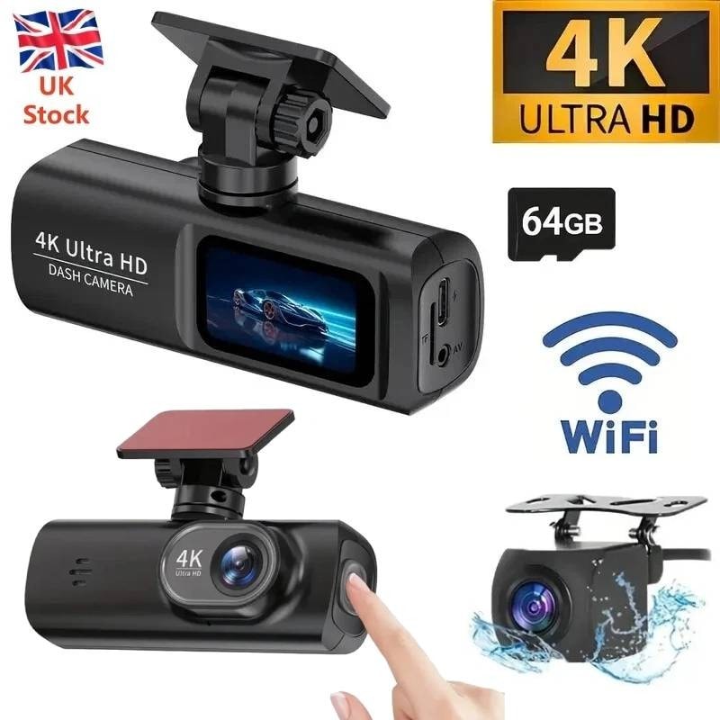 64GB+ 4K Dash Cam Front and Rear View 170° Car Camera Night Vision Built-in WiFi