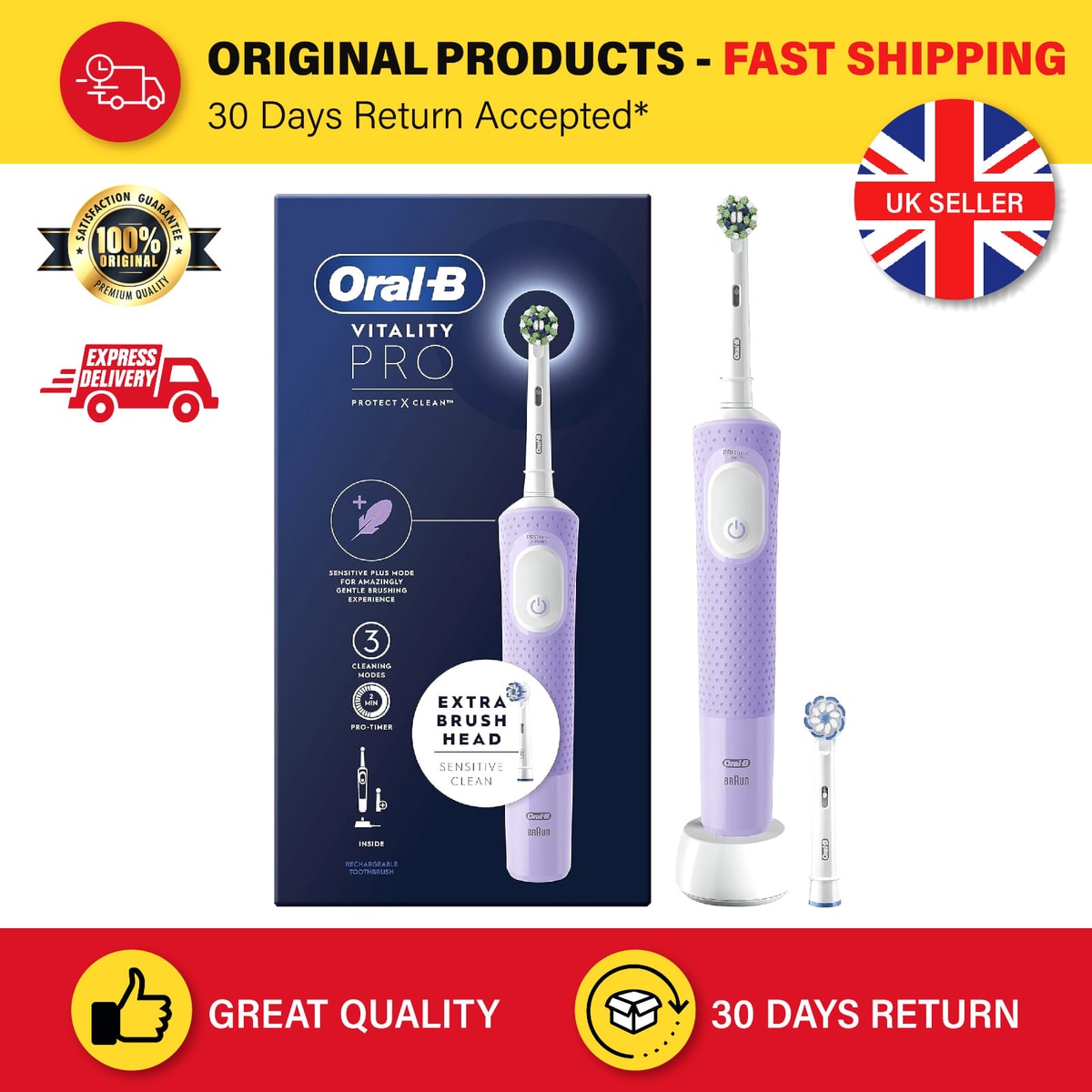 Oral-B Vitality Pro Electric Rechargeable Toothbrush with 2 Brush Heads | Lilac