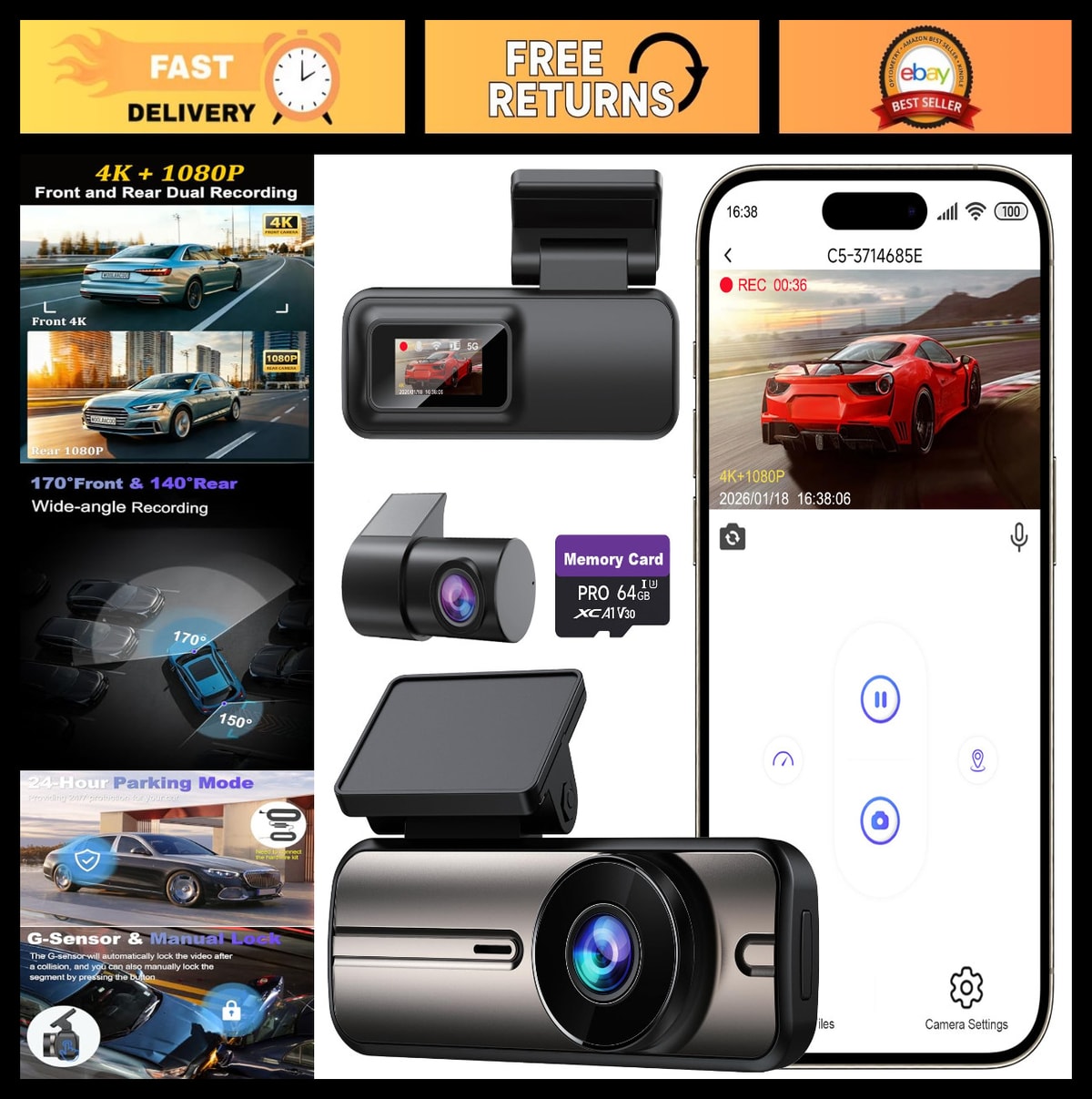 4K Front & Rear Dual Dash Cam, 5GHz WiFi, 64GB Card, G-Sensor, Loop Recording, 2