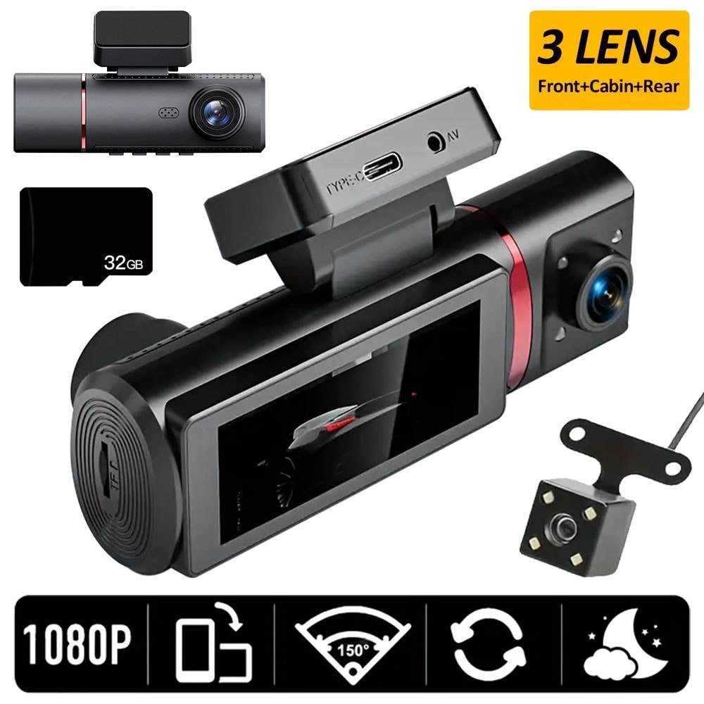 1080P 3 Lens Car Dash Cam Recorder G-Sensor DVR Front+Inside+Rear Camera Video