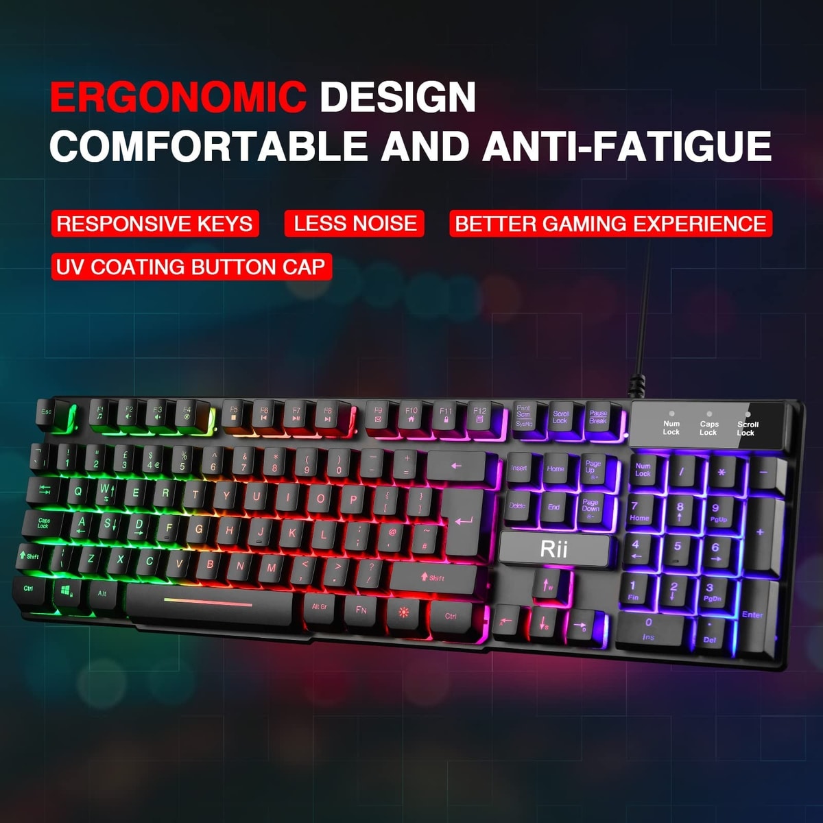 Rii Colour Gaming Keyboard, USB Wired Keyboard with Rainbow LED