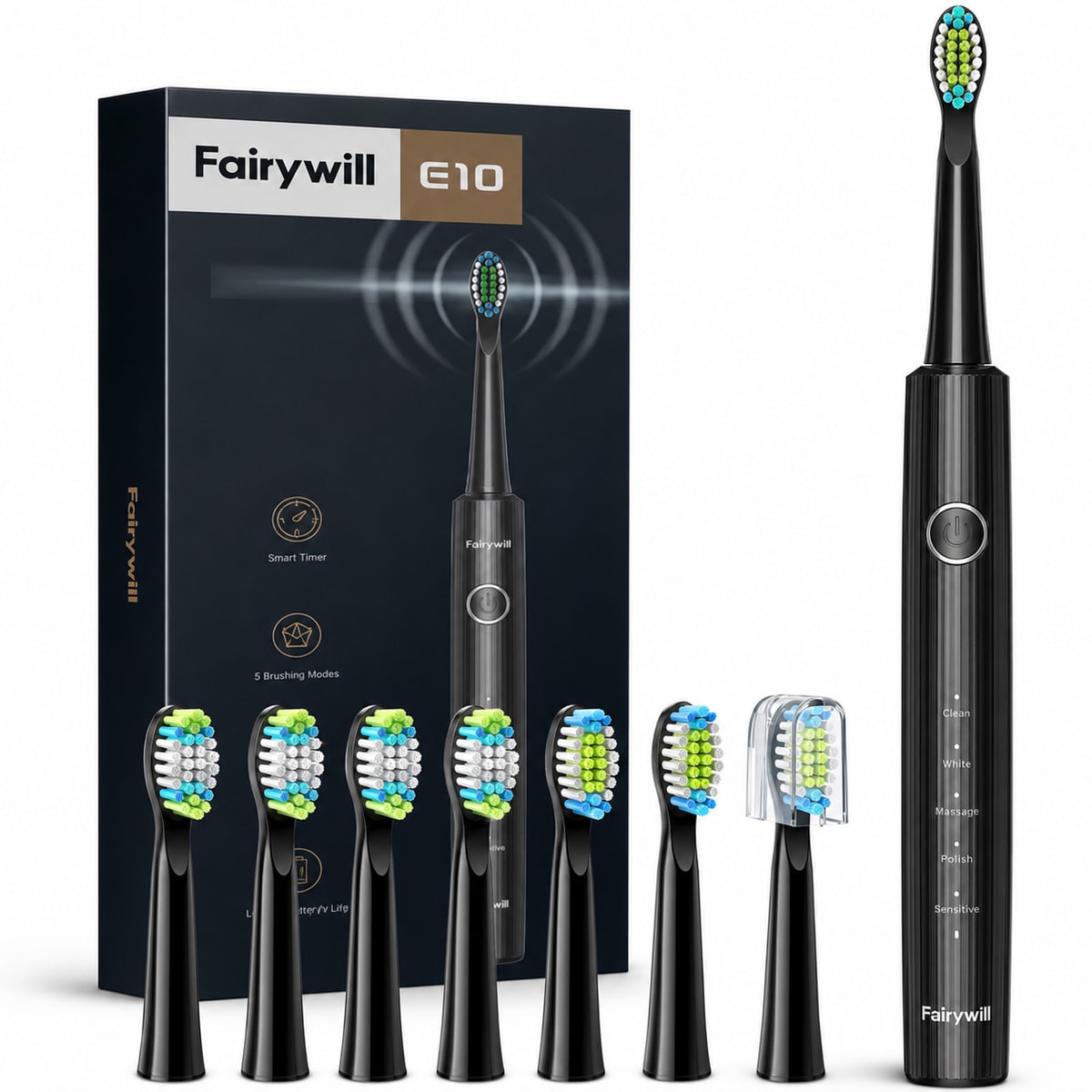 Fairywill E10 Electric Toothbrush Sonic USB Rechargeable 5 Modes 8 Heads Black