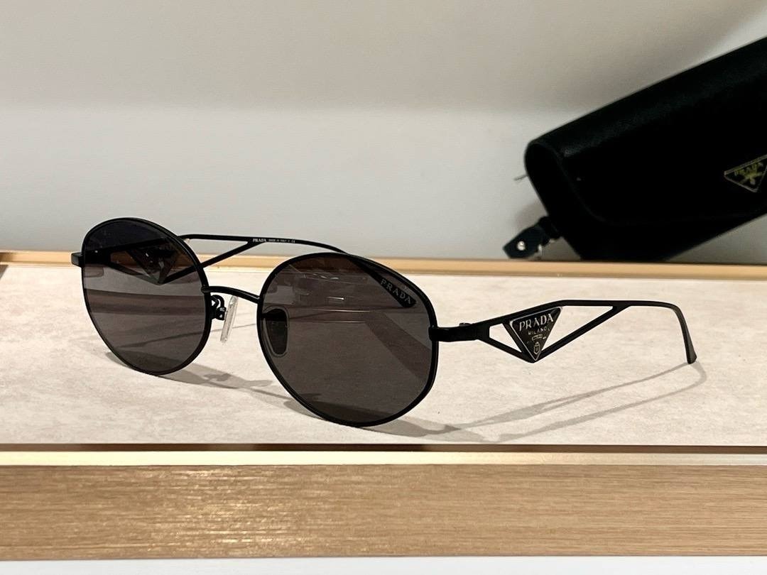 Prada Oval Sunglasses Black Metal Frame Dark Gray Lenses Luxury Designer Eyewear